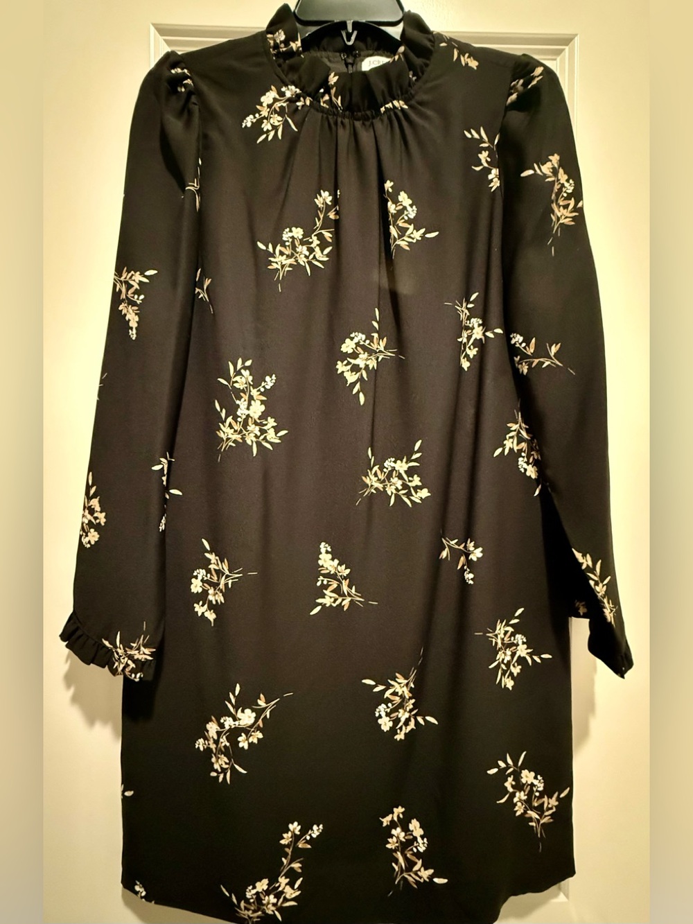 J. Crew Black Floral Long-Sleeve Shift Dress with Cream Blossoms